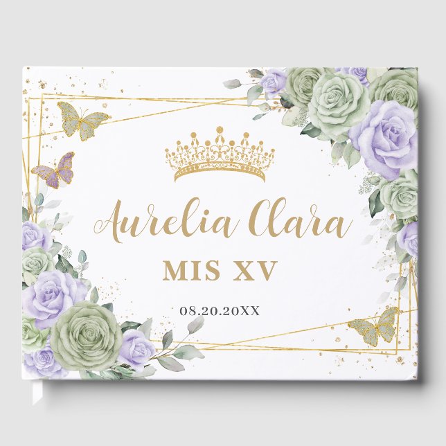 Sage Green Purple Floral Butterflies QUINCEAÑERA  Guest Book (Front)