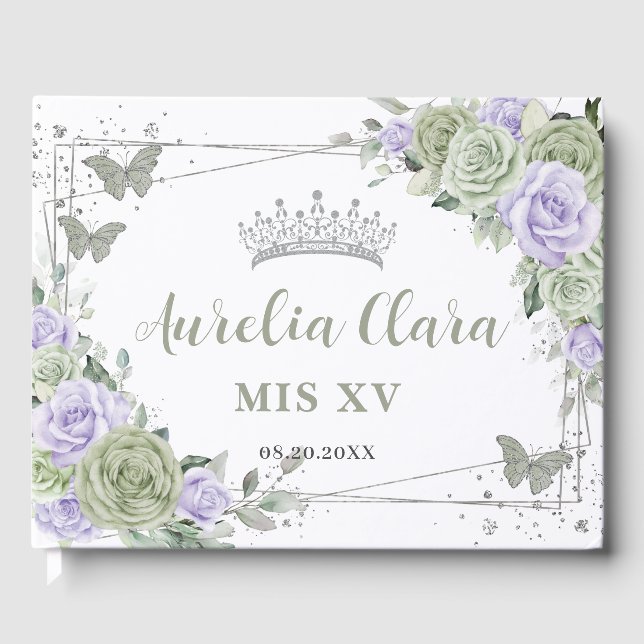 Sage Green Purple Floral Butterflies QUINCEAÑERA Guest Book (Front)