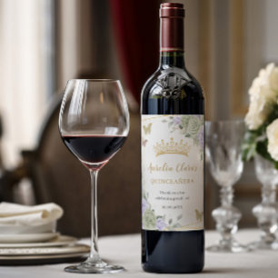 Sage Green Purple Floral Gold Quinceañera Birthday Wine Label