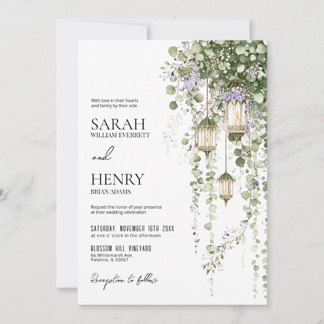 Sage Green Purple Floral Lantern Wedding Invitation (Front)