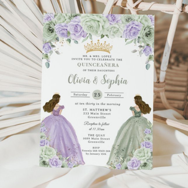 Sage Green Purple Floral Twin Girls Quinceañera  Invitation (Creator Uploaded)