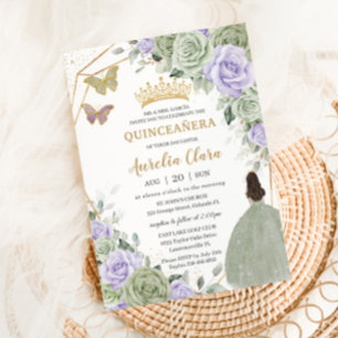 Sage Green Purple Lavender Floral Gold Quinceañera Invitation