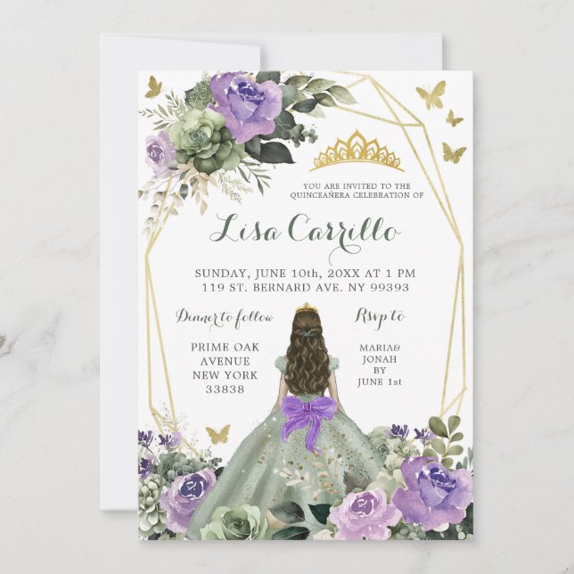 Sage Green Purple Lilac Bow Princess Quinceañera Invitation (Front)