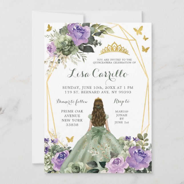 Sage Green Purple Lilac Princess Quinceañera Invitation (Front)
