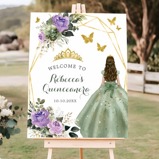 Sage Green Purple Princess Quinceañera Welcome Poster (Creator Uploaded)