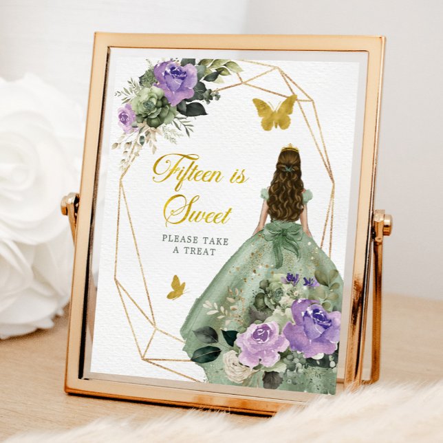 Sage Green Purple Quinceañera Fifteen is Sweet Poster (Creator Uploaded)