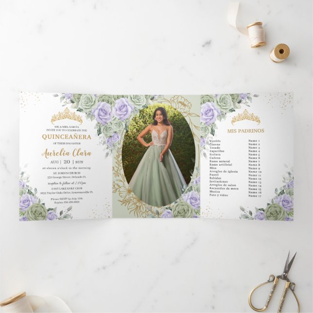 Sage Green Purple Roses Floral Quinceañera Photos Tri-Fold Invitation (Inside)