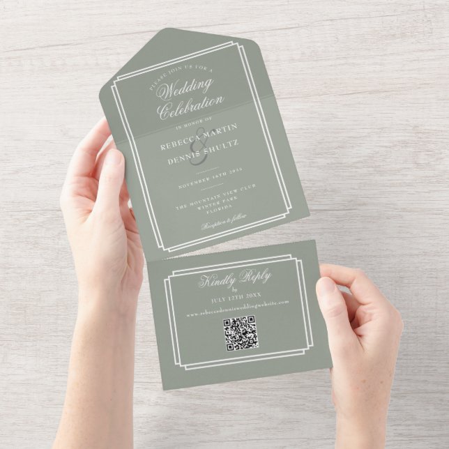 Sage Green QR Code Art Deco Monogram Wedding All In One Invitation (Tearaway)