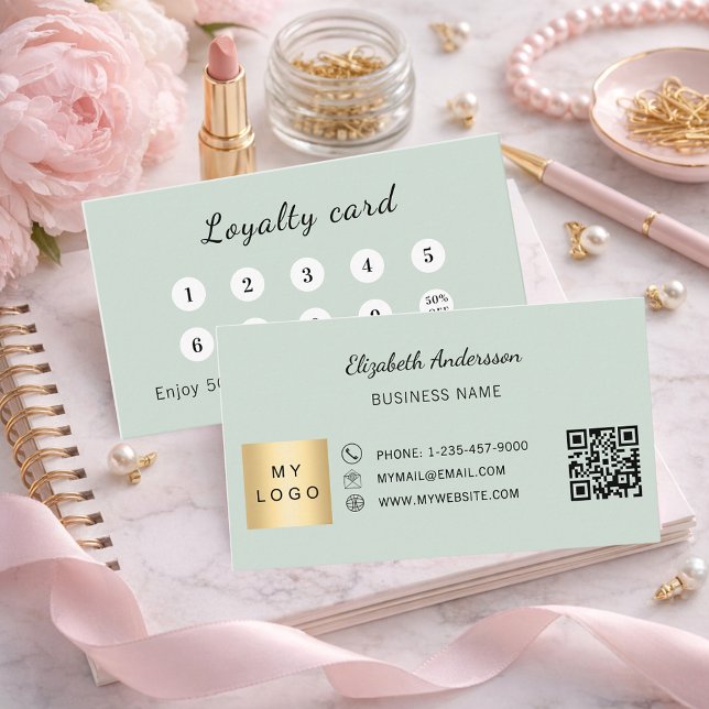 Sage green qr code business logo loyalty card (Creator Uploaded)