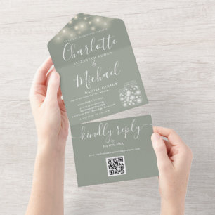 Sage Green QR Code Mason Jar String Lights Wedding All In One Invitation