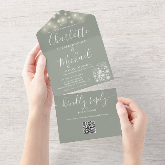 Sage Green QR Code Mason Jar String Lights Wedding All In One Invitation (Tearaway)