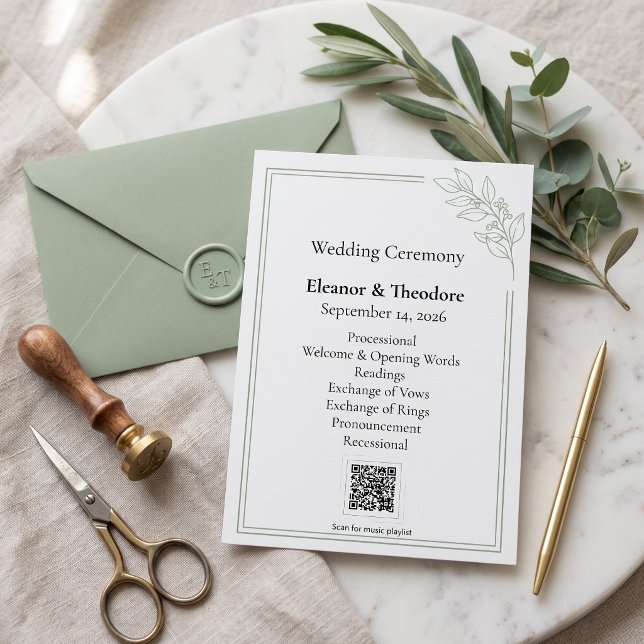 Sage Green QR Code Minimalist Wedding Program Programme (Sage Green QR Code Minimalist Wedding Program)