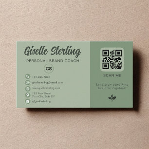Sage Green QR Code Monogram Social Media  Business Card
