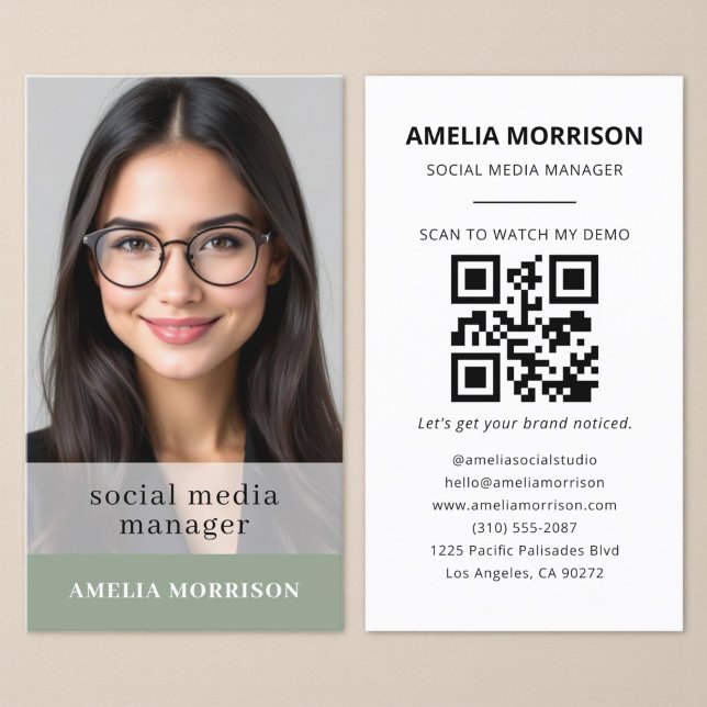 Sage Green QR Code Photo Minimalist Professional Business Card (Creator Uploaded)