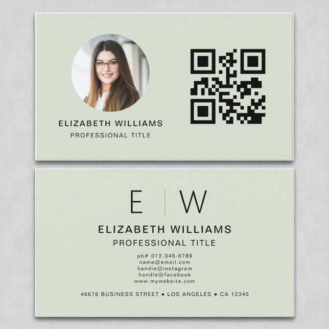 Sage Green QR Code Photo Monogram Minimalist Business Card (Creator Uploaded)