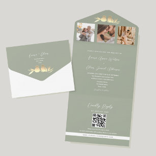 Sage Green QR Code Photo Wedding All In One Invitation