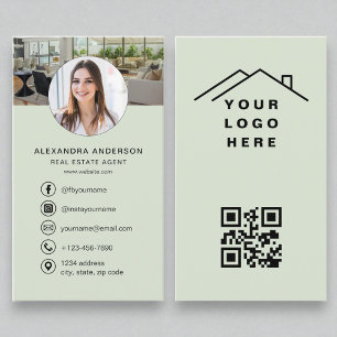Sage Green QR Code Real Estate Agent Photo Logo Business Card