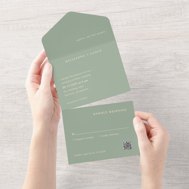 Sage Green QR Code Simple Modern Wedding All In One Invitation (Tearaway)