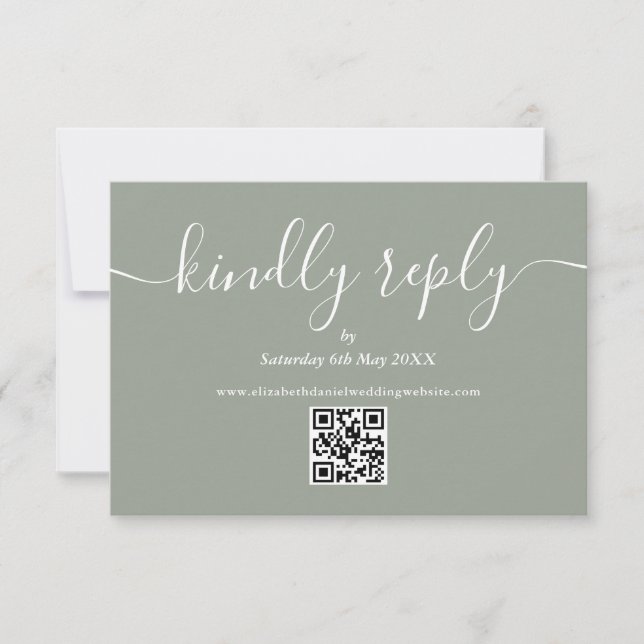 Sage Green QR Code Wedding Script Kindly Reply RSVP Card (Front)