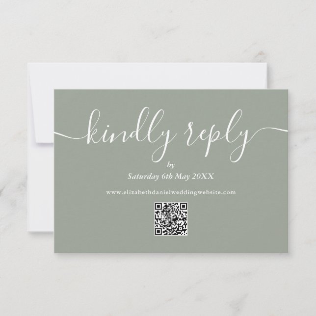 Sage Green QR Code Wedding Script Kindly Reply RSVP Card (Front)