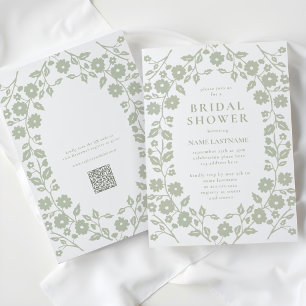 Sage Green QR Code White Folk Floral Bridal Shower Invitation
