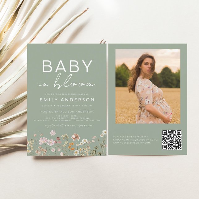 Sage Green QR Code Wildflower Baby in Bloom Shower Flyer (Creator Uploaded)