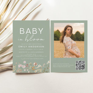 Sage Green QR Code Wildflower Baby in Bloom Shower Invitation