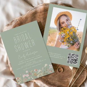 Sage Green QR Code Wildflower Bridal Shower Photo Invitation