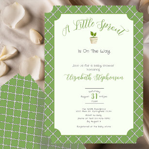 Sage Green Quatrefoil Little Sprout Baby Shower Invitation