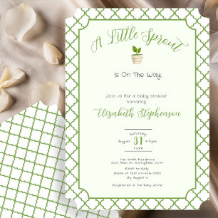 Sage Green Quatrefoil Little Sprout Baby Shower Invitation