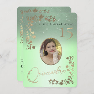 Sage Green Quince Gold Glitter Photo Quinceanera Invitation