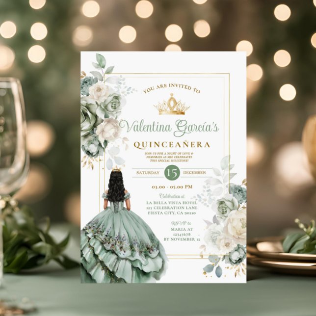 Sage Green Quinceañera 15 Anos Flowers Gold Crown Invitation (Creator Uploaded)