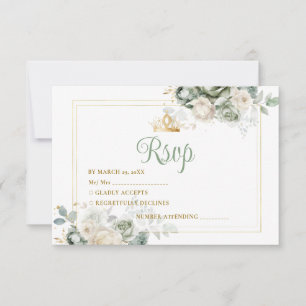 Sage Green Quinceañera 15 Anos Flowers Gold Crown Thank You Card