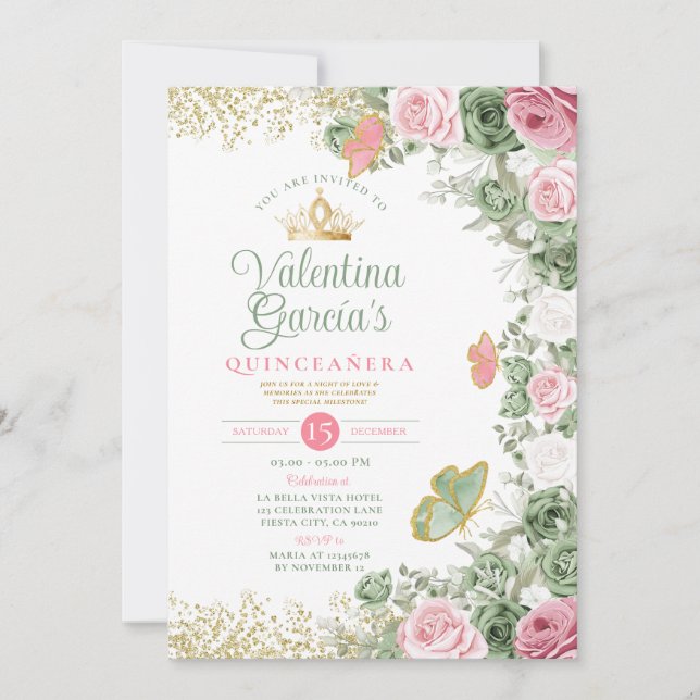 Sage Green Quinceañera 15 Anos Pink Flowers Crown Invitation (Front)