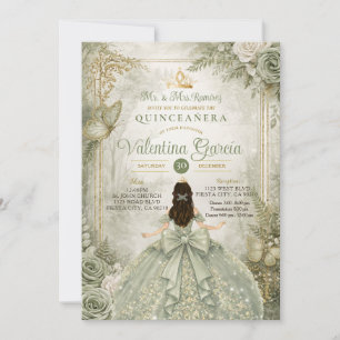 Sage Green Quinceañera Elegant Butterflies Forest Invitation
