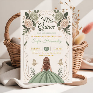Sage Green Quinceañera Gold Crown Butterfly  Invitation