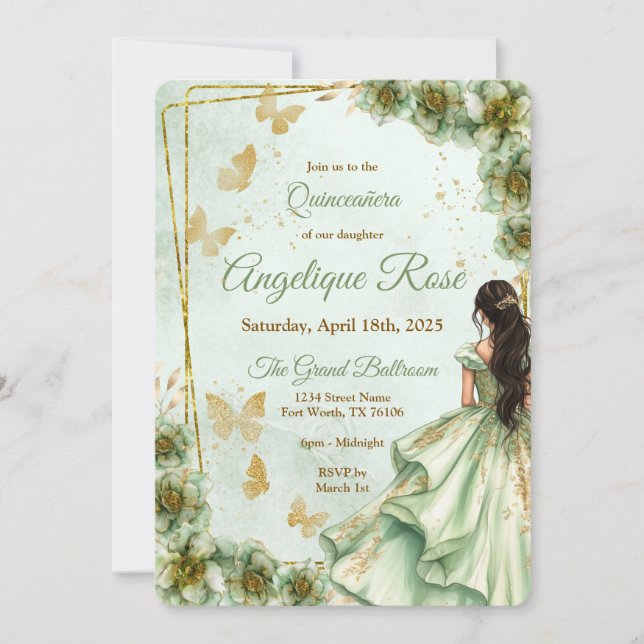 Sage green quinceanera invitation (Front)