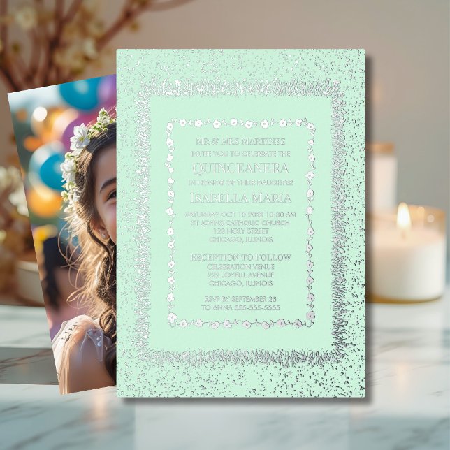 Sage Green Quinceañera Invitation Glam Sparkle  (Creator Uploaded)