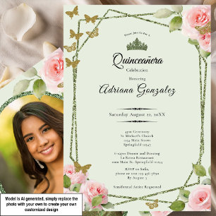 Sage Green Quinceanera Pink Roses Gold Butterflies Invitation