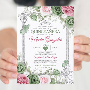 Sage Green Quinceañera Pink Silver Crown Butterfly Invitation