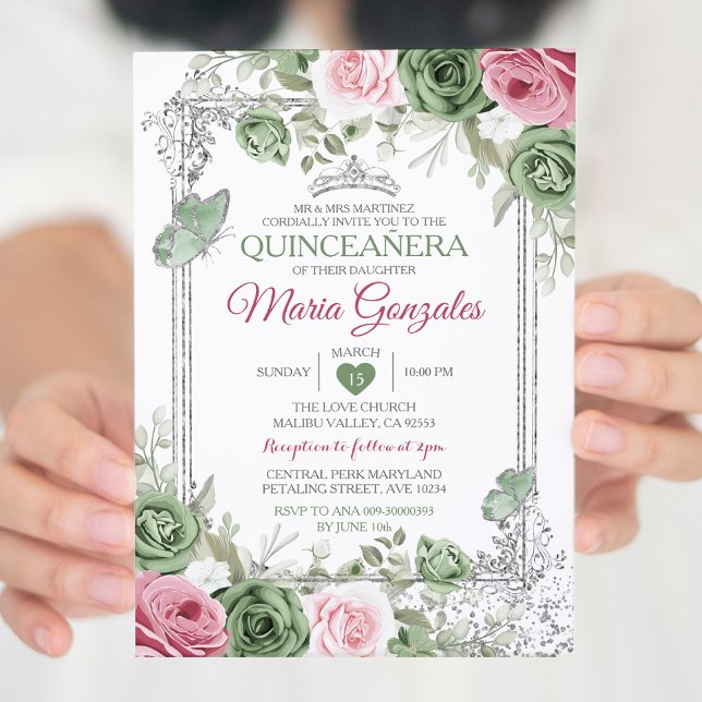 Sage Green Quinceañera Pink Silver Crown Butterfly Invitation (Creator Uploaded)
