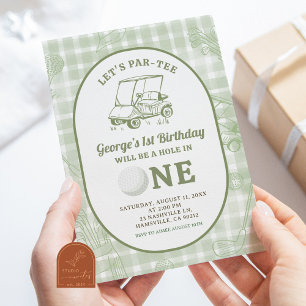 Sage Green Quirky Gingham Golf First Birthday  Invitation