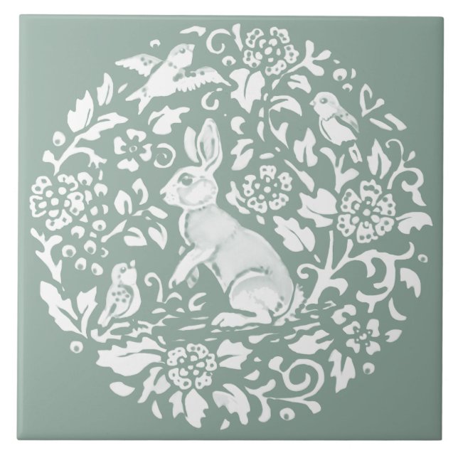 Sage Green Rabbit Bunny Circular Pattern Unique Tile (Front)