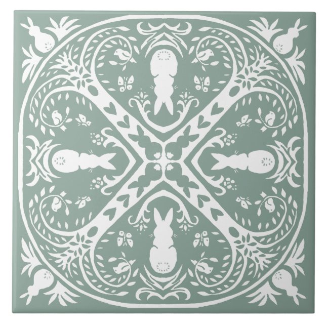Sage Green Rabbit Intricate Bunny Pattern Unique Tile (Front)