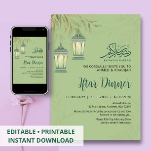 Sage Green Ramadan Iftar Leaves Lantern Invitation