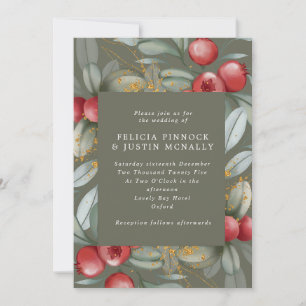 Sage Green & Red Berries Winter Wedding  Invitation