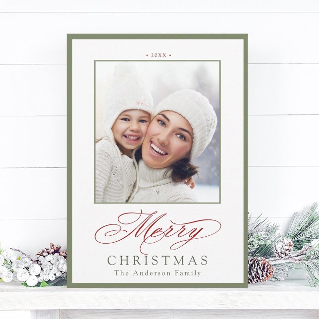Sage Green & Red Chic Merry Christmas Photo Holiday Card (Creator Uploaded)