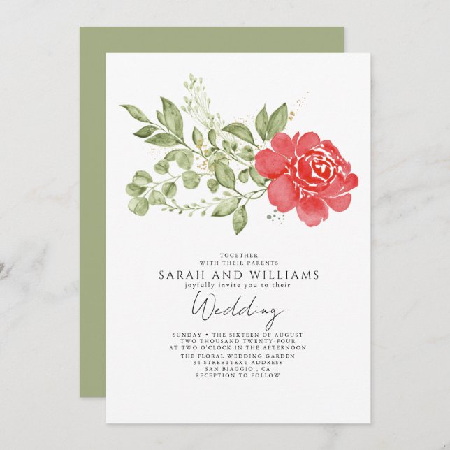 Sage Green Red Floral Boho Wedding  Invitation (Front/Back)