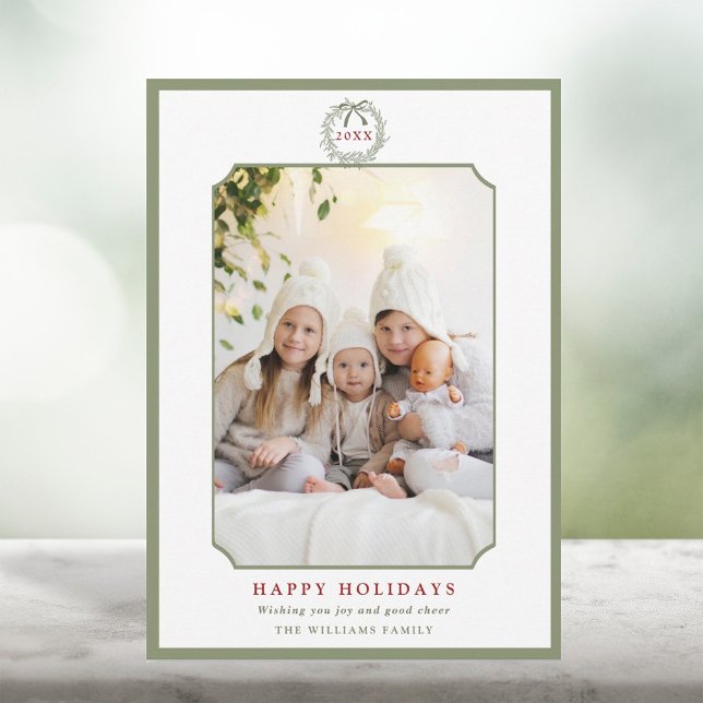 Sage Green & Red Minimal Happy Holidays Photo  Holiday Card (Creator Uploaded)