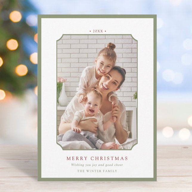 Sage Green & Red Minimal Merry Christmas Photo Holiday Card (Creator Uploaded)